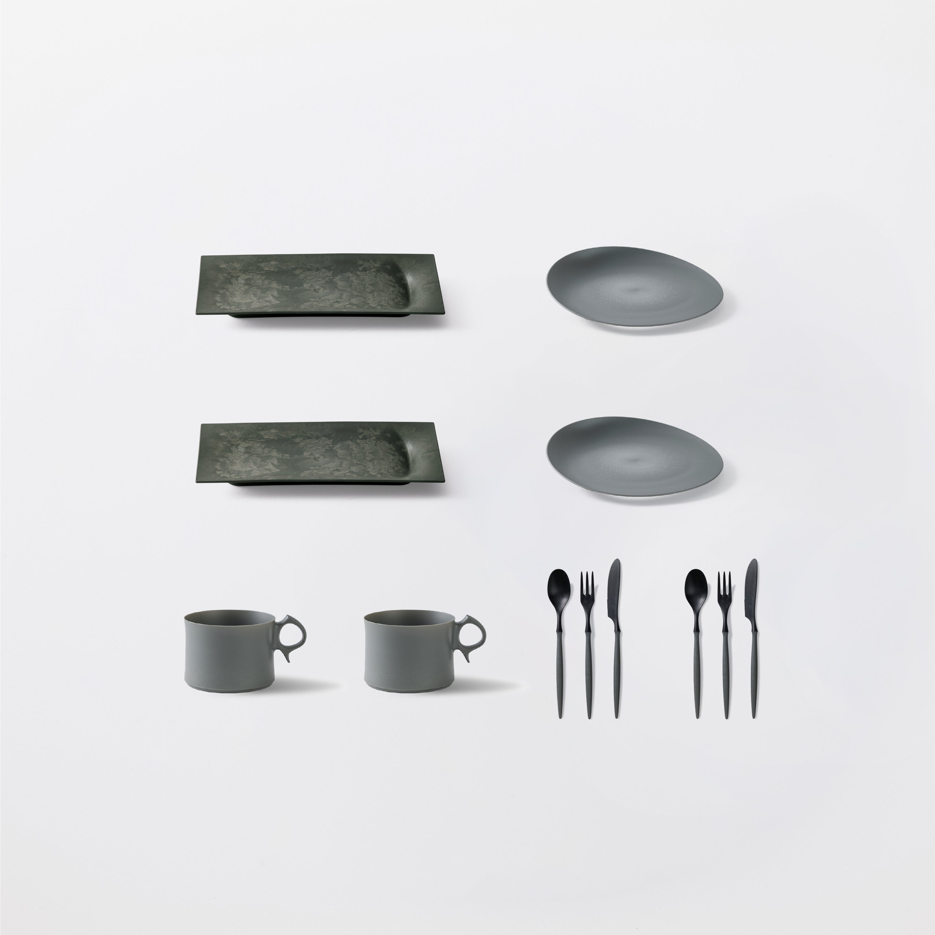 午後のひとときセット(角皿・小皿スロープ・マグカップ小・スプーン小・フォーク小・ナイフ小 各2)