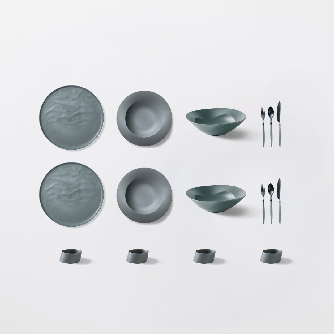 ＜公式HP限定＞まとめて揃う！人気のARAS16点セット(大皿ウェーブ・深皿スクープ・深鉢ミルー・カトラリー3種　各2　＋　ななめ小鉢　4個)