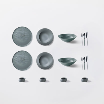 ＜公式HP限定＞まとめて揃う！人気のARAS16点セット(大皿ウェーブ・深皿スクープ・深鉢ミルー・カトラリー3種　各2　＋　ななめ小鉢　4個)