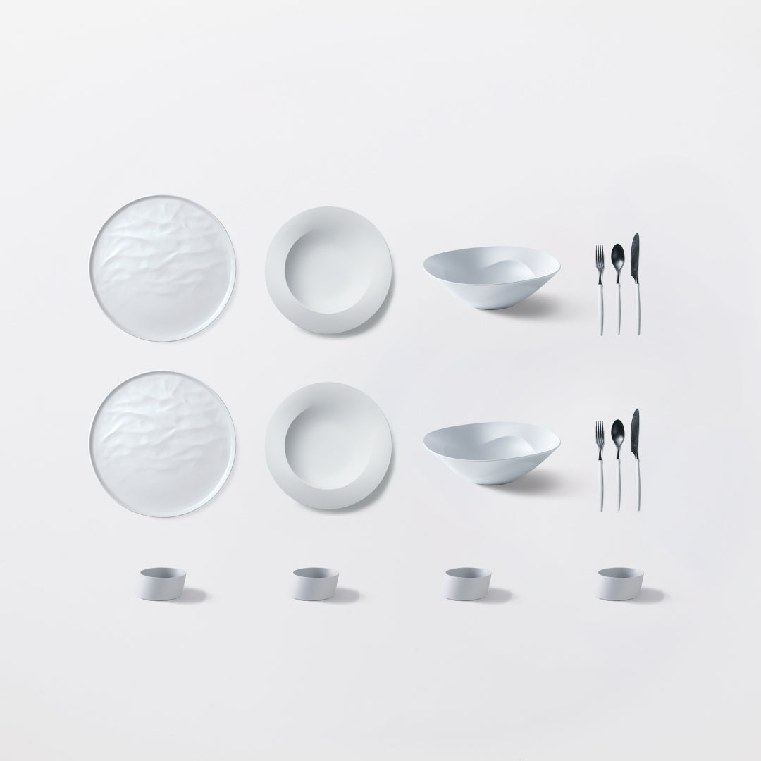 ＜公式HP限定＞まとめて揃う！人気のARAS16点セット(大皿ウェーブ・深皿スクープ・深鉢ミルー・カトラリー3種　各2　＋　ななめ小鉢　4個)