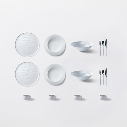 ＜公式HP限定＞まとめて揃う！人気のARAS16点セット(大皿ウェーブ・深皿スクープ・深鉢ミルー・カトラリー3種　各2　＋　ななめ小鉢　4個)